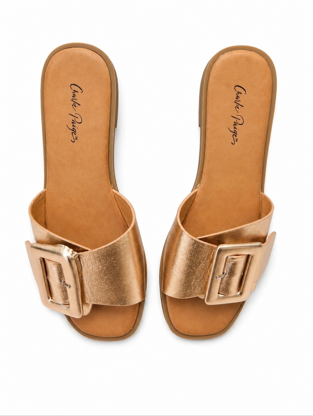 Charlie Paige Metallic Gold Slide Sandals with Statement Buckle Size 8